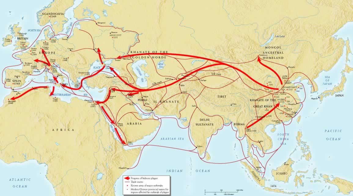how did the black death spread trade routes